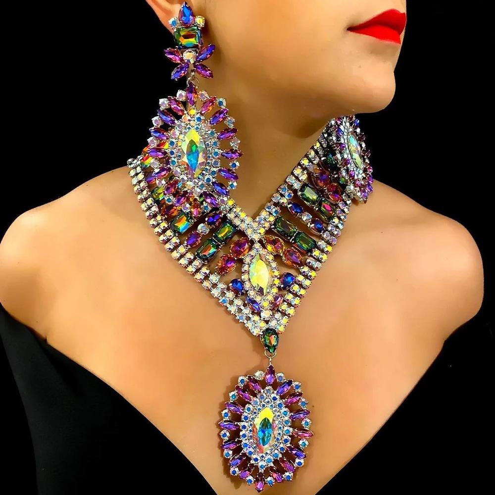 AB Colorful Rhinestone Exaggerated Jewelry Set Party Accessories Bridal Geometric Crystal Necklace Earrings Set for Women