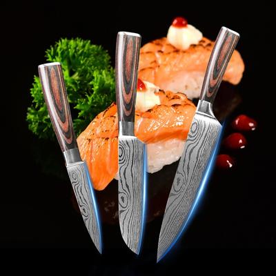 Conjunto de faca de chef japonês 3 peças de aço Damasco padrão conjunto de faca de cozinha cutelo de carne