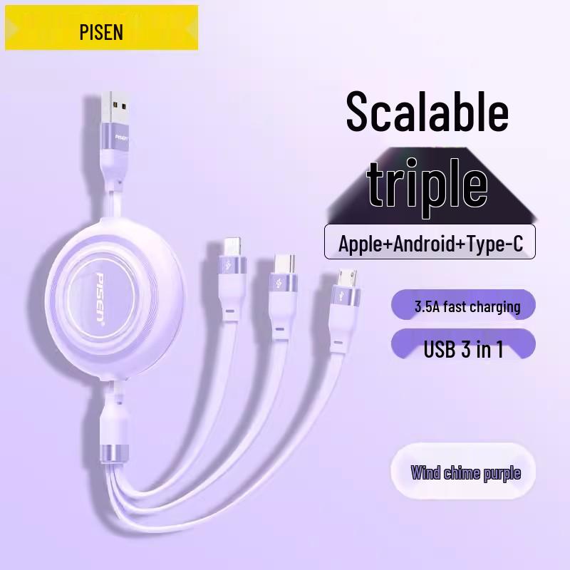 PISEN 3-in-1 Telescopic Data Cable for Apple iPhone 15 & Android Devices