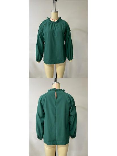 European Autumn/Winter Women's Off-Shoulder Top - Solid Color, Ruffle, Half-High Collar, Long Sleeve.