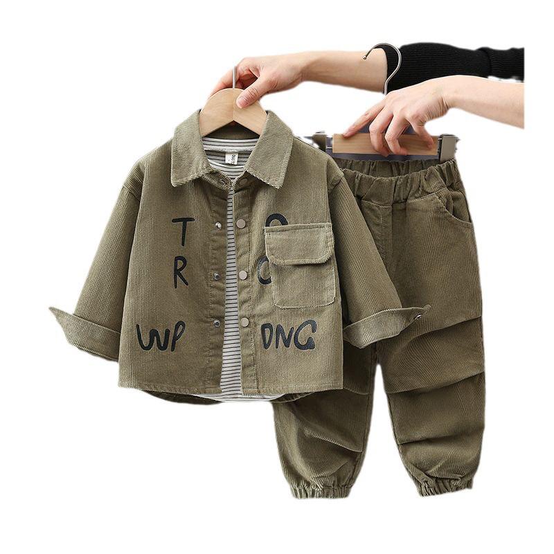 2024 Korean Style Toddler Letter Print Corduroy Sports Set - Spring/Autumn