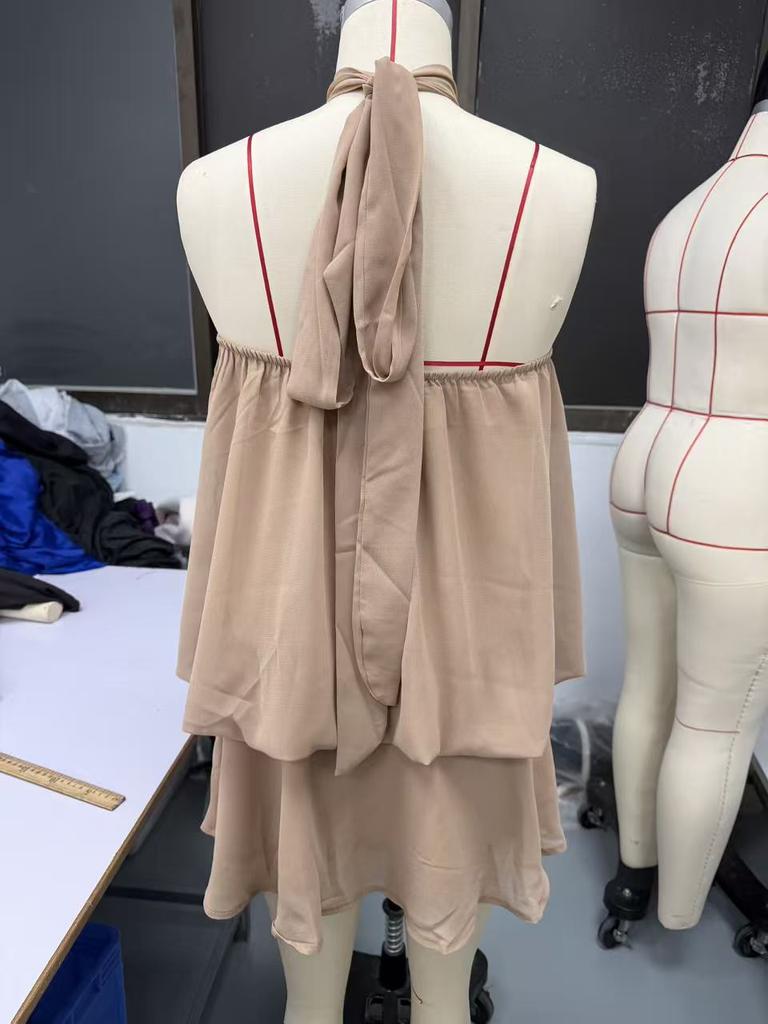 European and American new solid color holiday slim-fitting sexy backless neck waist top fluffy short skirt dress women