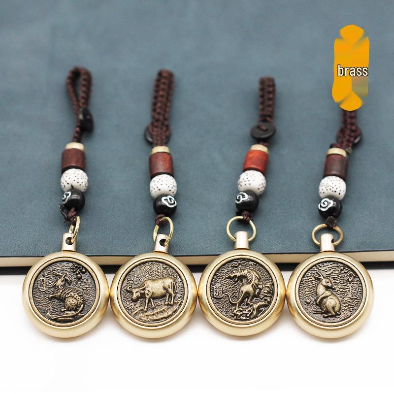 Rotating Brass Zodiac Signs Vermilion Gourd Keychain for Wealth & Treasures