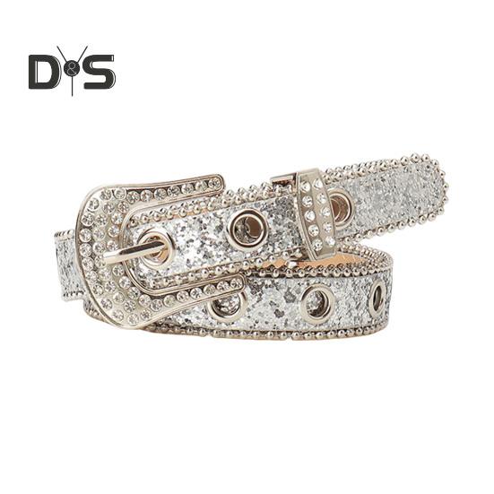 

Женский ремень с блестками, блестящими стразами, несколькими отверстиями, регулируемой длиной, пояс из искусственной кожи, уличный стиль серебряный