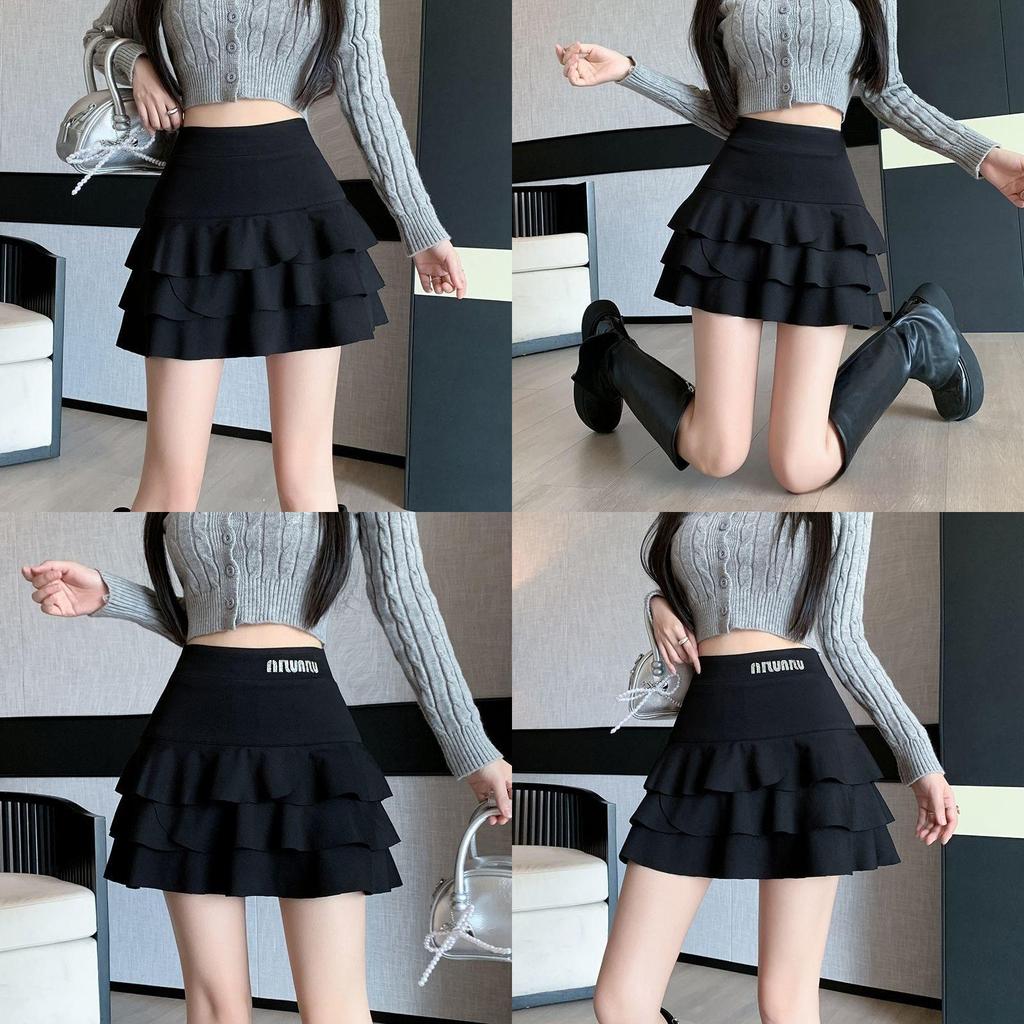 Cotton Blended High Waist Cake Skirt With Ruffle Details For Autumn Winter Fashion