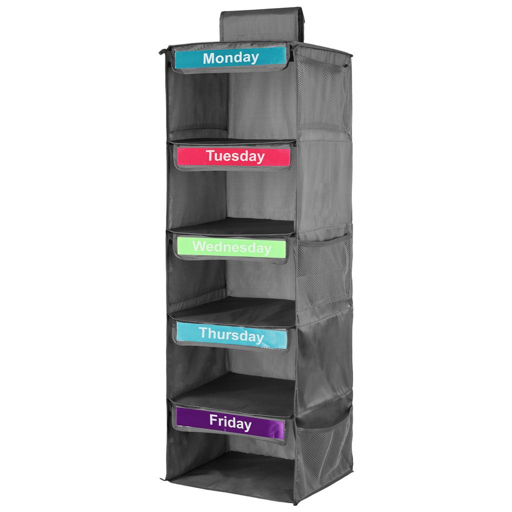 5-Shelf Weekly Clothes Organizer Kids Daily Shelf Hanging Closet Organizer Days of The Week Hanging Storage Shelves for Kids