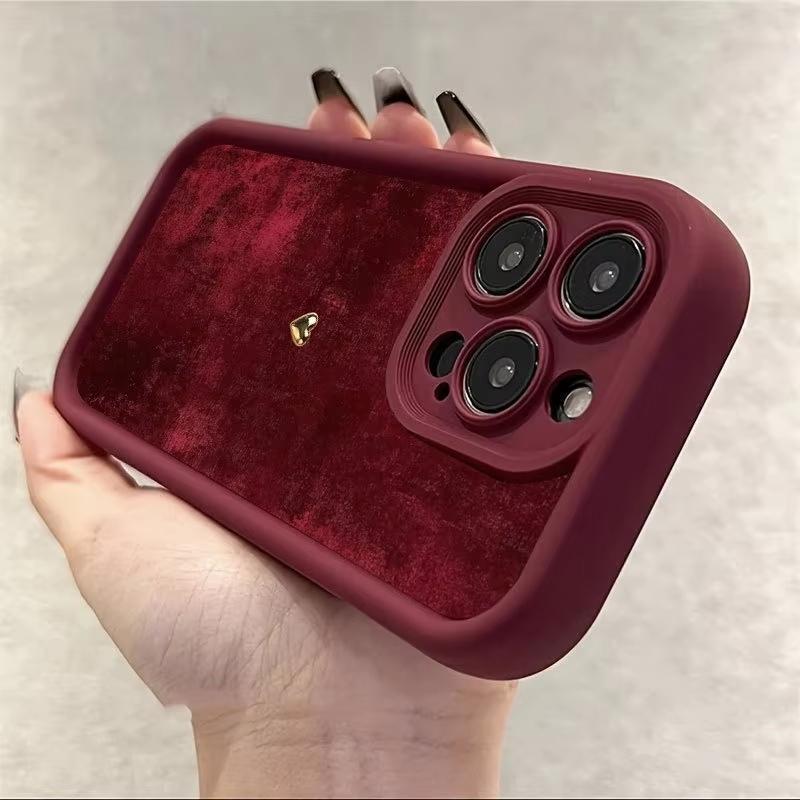Burgundy Suede With Golden Heart Pattern TPU Soft Case For iPhone 17 16 15 14 Plus 13 12 11 Pro Max 17 Air 16E X XR XS Cover