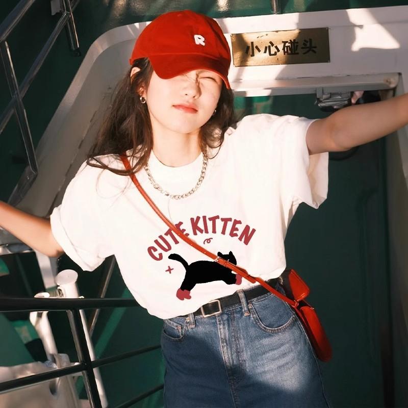 

Trendy brand white t-shirt women s short-sleeved summer front shoulder half-sleeved new pure cotton bottoming shirt niche loose top t-shirt M (recommended 40-52.5kg )