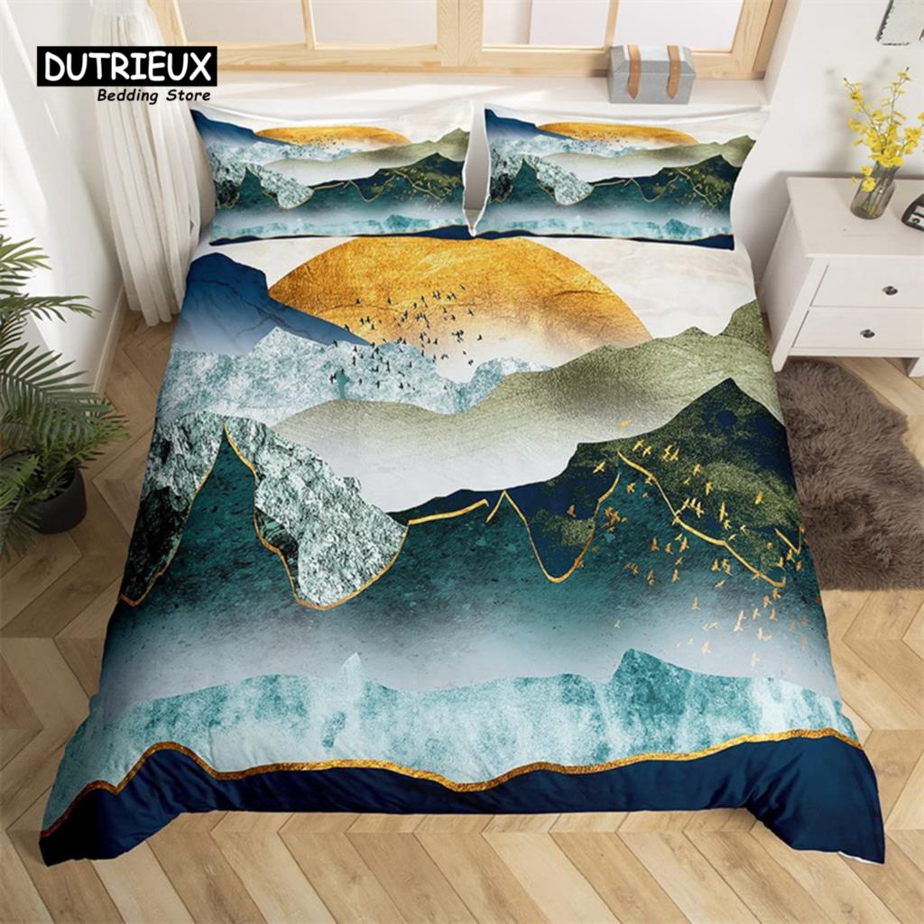 Abstract Mountain Duvet Cover Natural Scenery Art King Bedding Set For Nature Lover Gift Woodland Hiking Adventure Quilt Cover