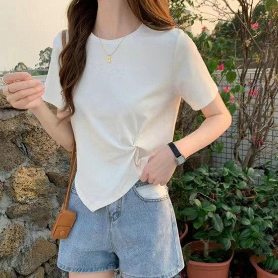 Frauen T-shirt Unregelmäßigen Saum Einfarbig Knoten Dekor Rundhals