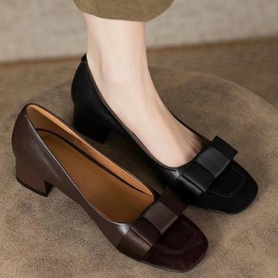 New Fashion Square Head Shallow Bow Tie Single Shoes for Women Comfortable Apricot Thick Heels Ladies Shoes Zapatos Mujer