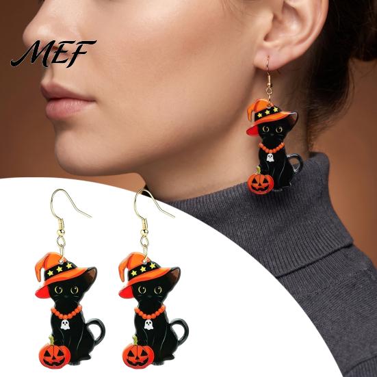 Lightweight Fun Halloween Jewelry 1 Pair Black Cat Acrylic Earrings for Women, Cute Festive Holiday Party Accessories with Wizard Hat And Pumpkin