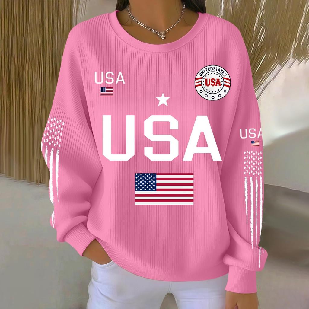 Bluza z długim rękawem z nadrukiem liter USA, z okrągłym dekoltem, casualowa, luźny krój, top dla kobiet, mężczyzn, unisex, wzór flagi