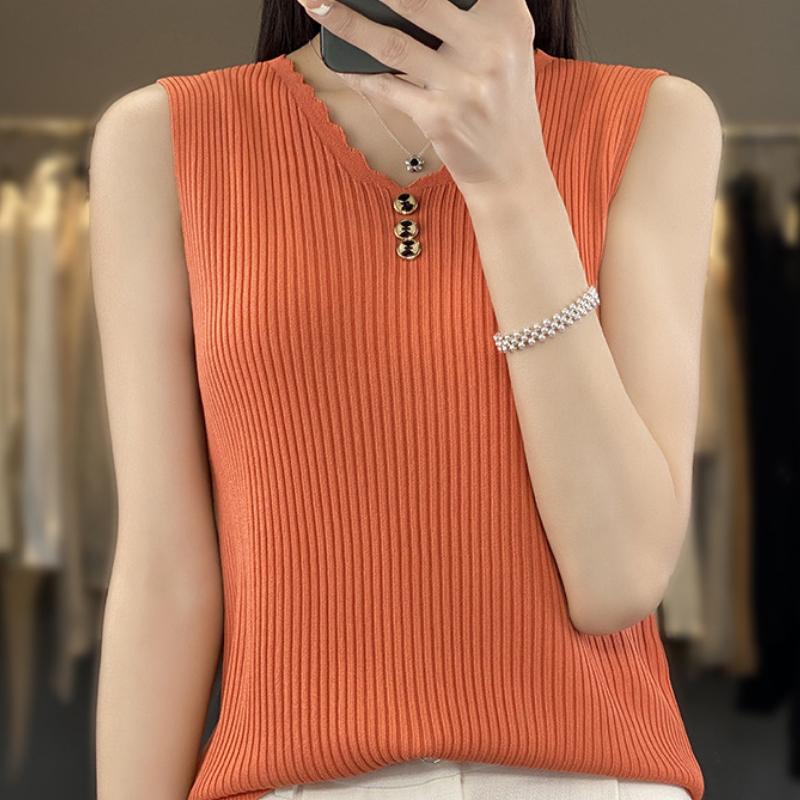 IHUASU Dámské letní tílko s výstřihem do V z ledového hedvábí, bez rukávů, pletené tričko, top, zakřivené korálky, slim, s krátkým rukávem, spodní topy