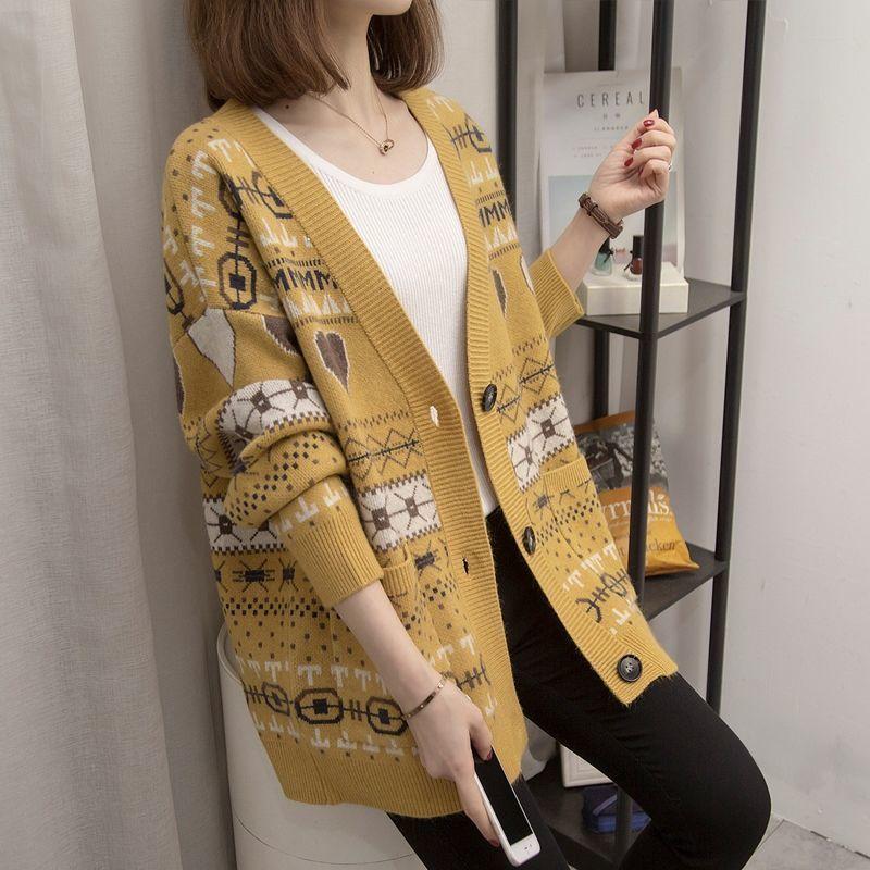 

Вязаный кардиган с v-образным вырезом, женский новый свободный верх, куртка в стиле ретро, ​​свитер с длинными рукавами и цветными блоками, повседневный универсальный свитер One Size жёлтый