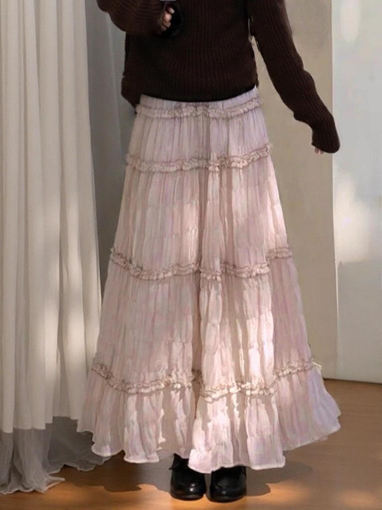 Textured Pink A-Line Cake Skirt: Women's High-Waist, Versatile Drape with Large Hem for Autumn/Winter