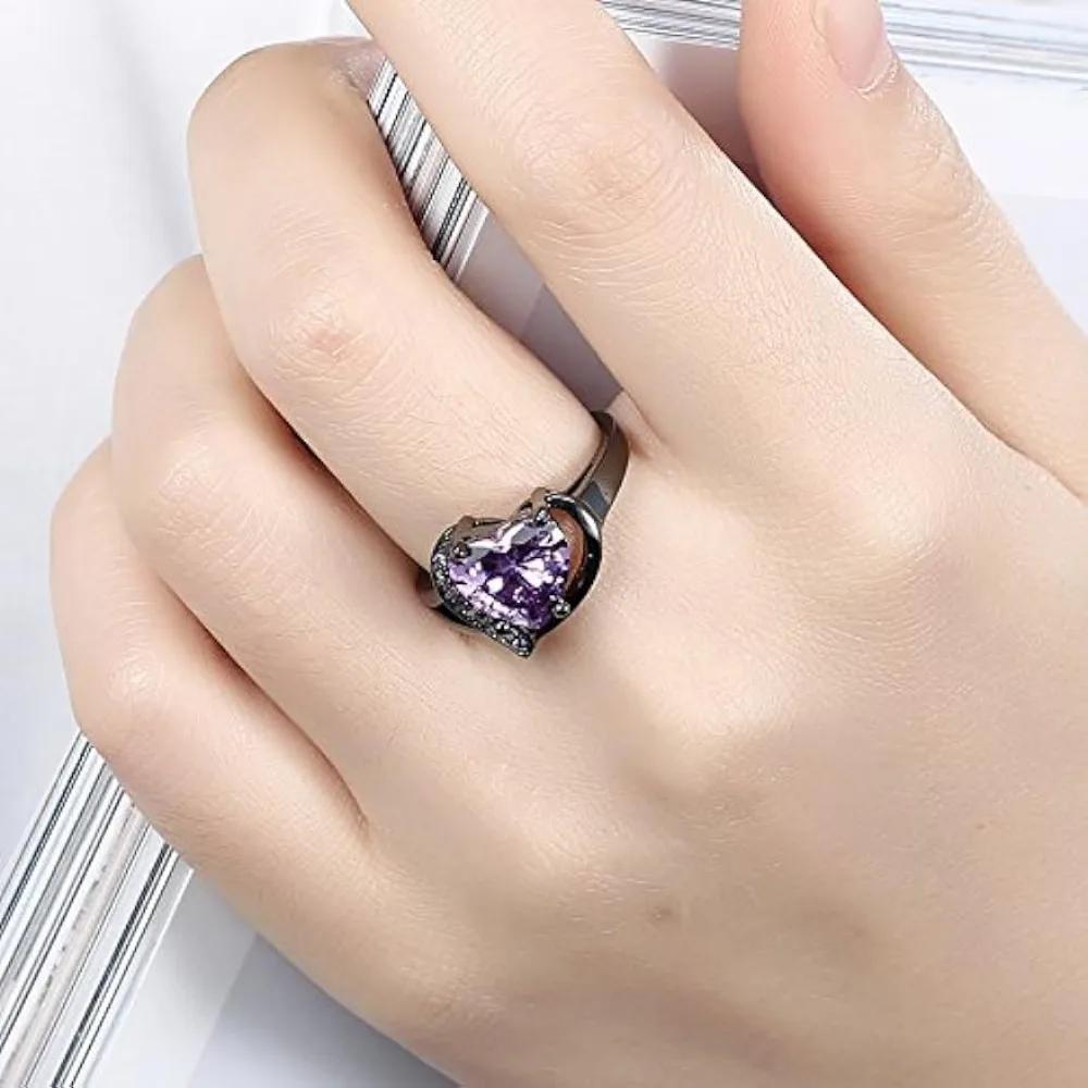 Heart Cubic Zirconia  Black Gold Plated Promise Band Ring Wedding Purple Rings for Women