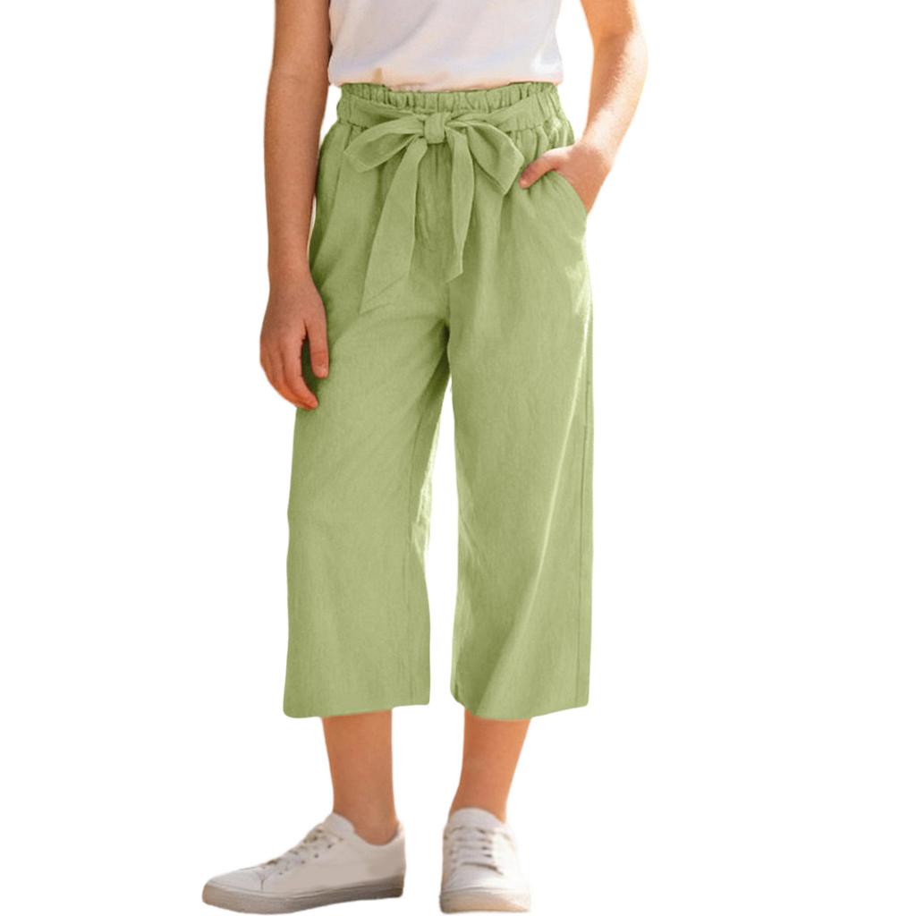 Girls' -Color Cotton-Linen Wide-Leg Loose-Fit Cropped Pants With Elastic Waistband