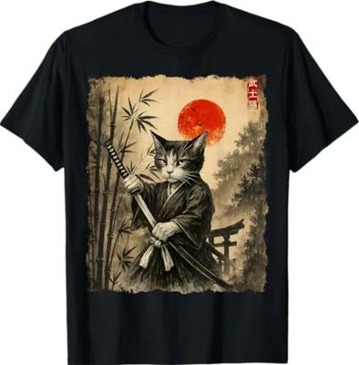 Gatto Samurai Arte Giapponese Divertente Grafica T-shirt Anime