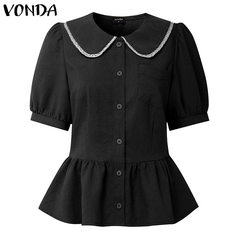 

VONDA Women Doll Collar Short Sleeve Lace Hem Ruffled Buttons Up Slim Waist Casual Blouse XL