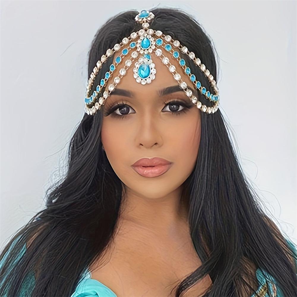 Popular Blue Gemstone Water Drop Pendant Head Chain, European And American Bride Zircon Forehead Chain Hair Chain Jewelry