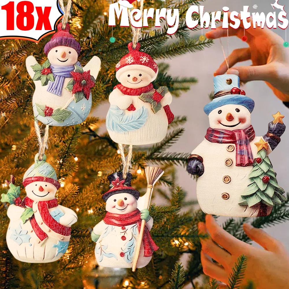 18PCS Christmas Pendents Set Cartoon Wooden Snowman Ornament with Lanyard Festive Christmas Party Home DIY Decoration