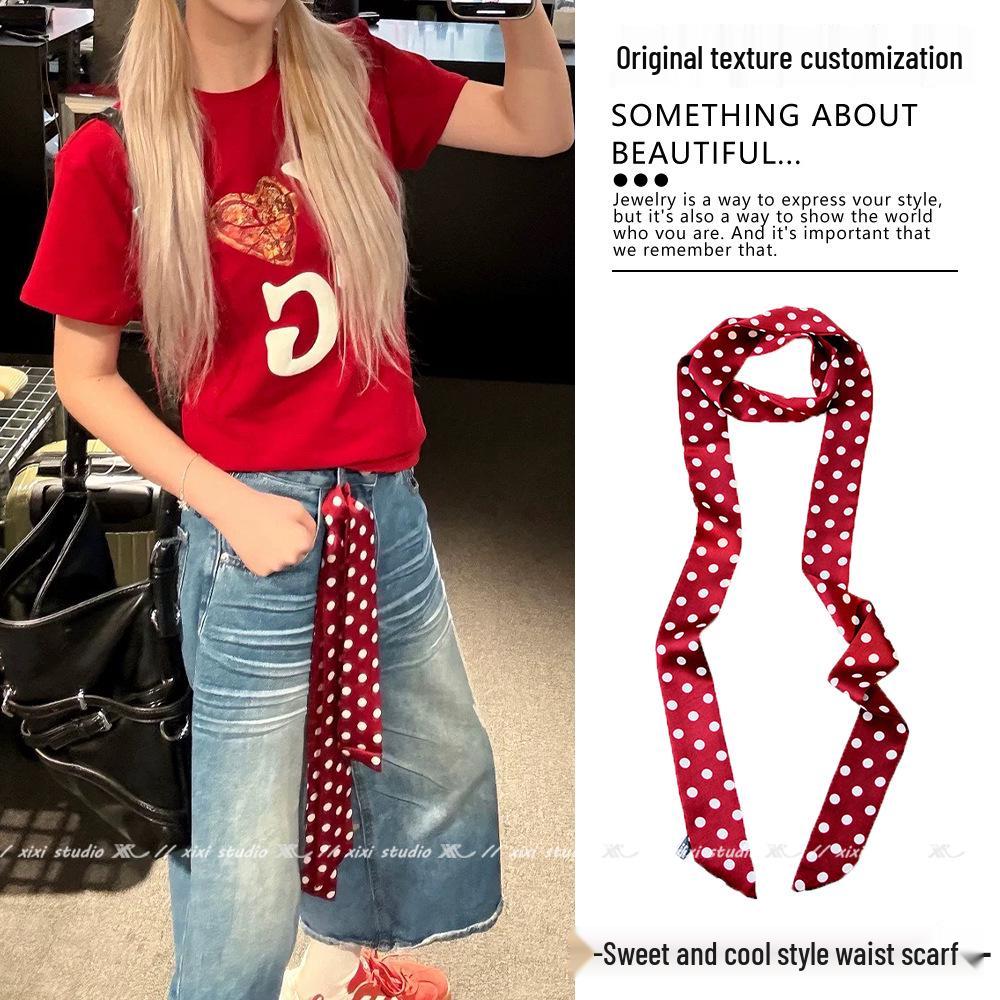 Silk Polka Dot Tie Waist Scarf: Long, Narrow Belt & Ribbon for Trousers, Waist Cincher, or Accessory