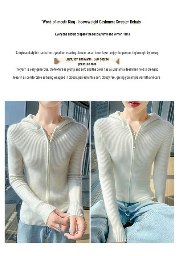 Women's Slim Fit Cashmere Wool Hooded Cardigan - 100% Pure Wool, Zippered, Autumn/Winter Knit Sweater Coat