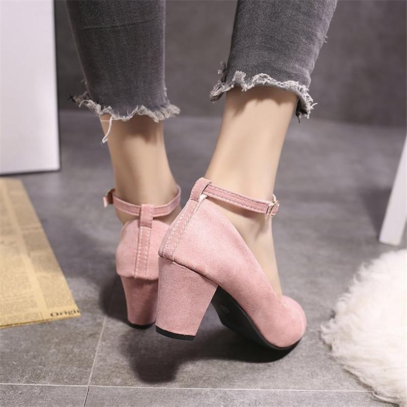 Fashion Women's Fashion Pumps Sweet Woman Thick High Heels Ankle Strap Flock Female Platform Mary Jane Women Shoes Ladies Footwear