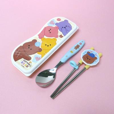 Leburn Baumwollbär Zwei-Hand-Korrektur Essstäbchen-Etui-Set, gemischte Farben, Löffel + Essstäbchen + Etui