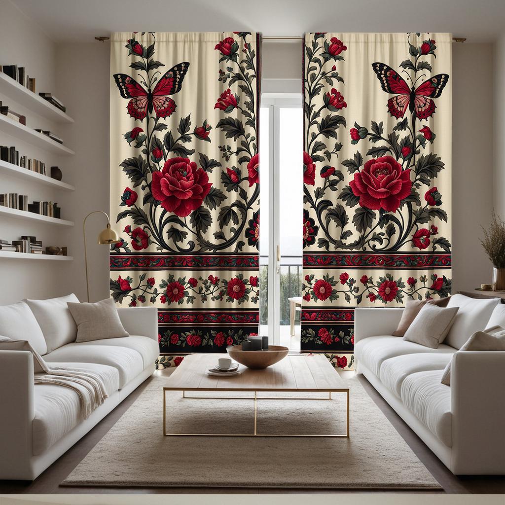 Set Of 2 Curtains Red Rose Butterfly Print Polyester Top Living Room Sheer Made Machine Washable Great Window Treatment
