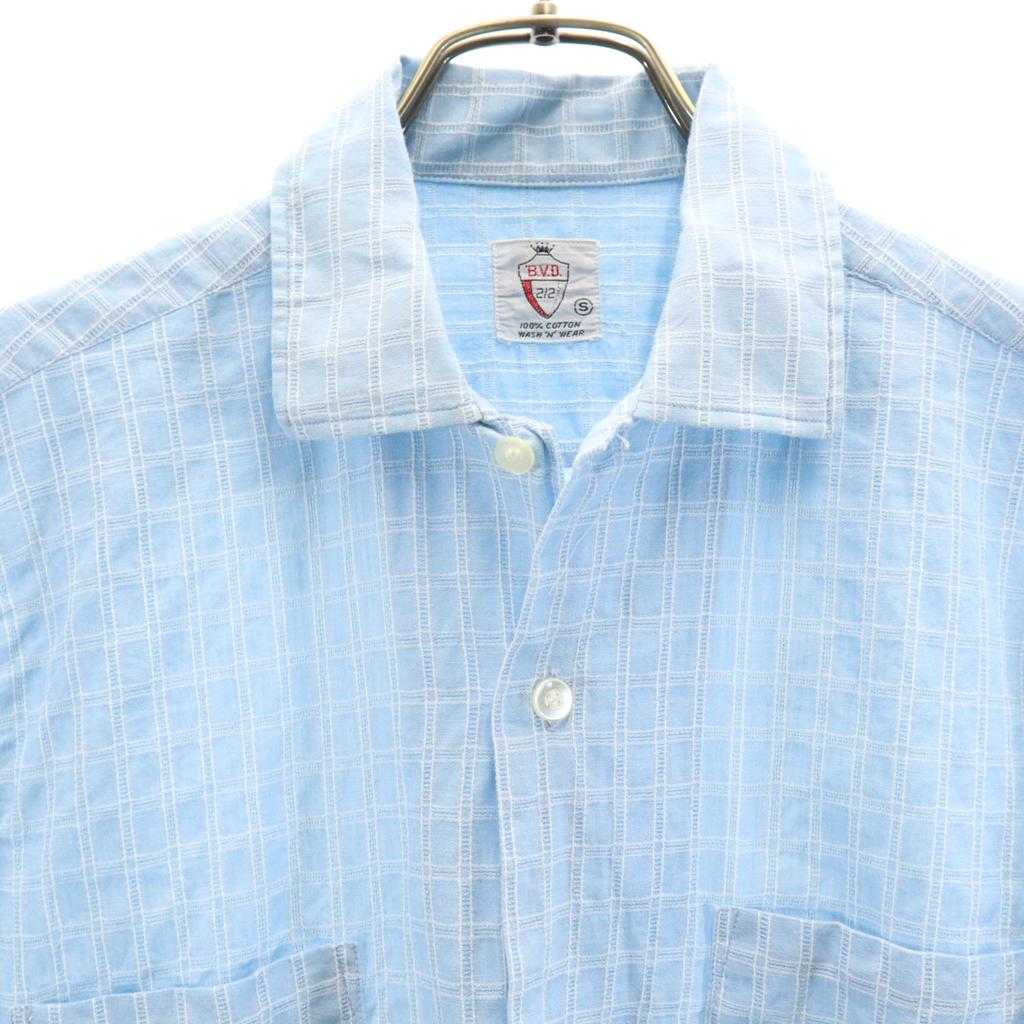 B.V.D 60s Vintage Check Pattern Short Sleeve Cotton Shirt S Light Blue Men's Used