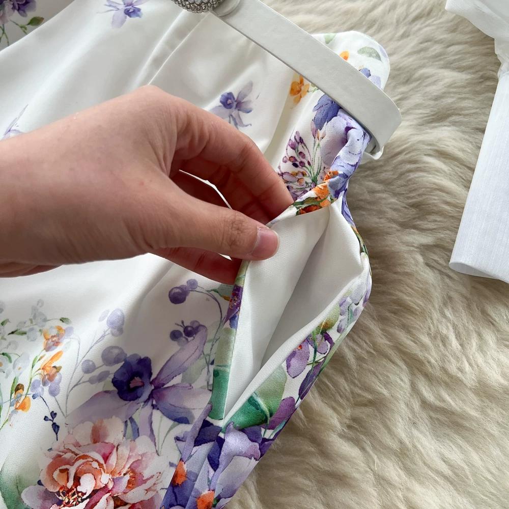 Summer Autumn New Arrival Flower Print Two Piece Pants Sets Women's Lantern Sleeve Blouse Tops and High-Waisted Wide-Leg Shorts Sets