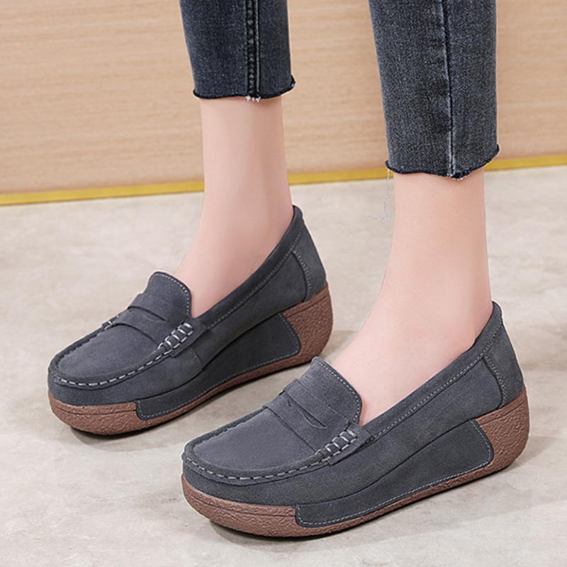 Cow Suede Women Platform Shoes Fashion Wedge Heels Elegant Ladies Casual Walking Shoes Slip-on Loafers
