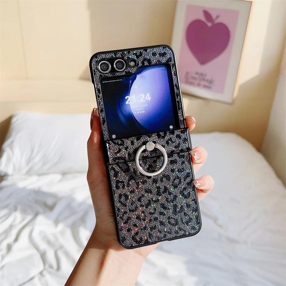 Sexy Leapord Leather Case for Samsung Galaxy Z Flip 7 6 5 4 3 Ring Holder Phone Cases for Samsung Z Flip 6 7 Hinge Fold Cover