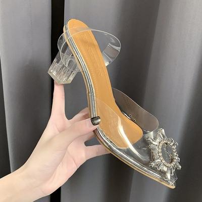 Sandali da Donna Nuovi Estivi 2024 Punta Acuta Sexy Strass Tacco Basso Trasparente Chunky Sandali Gelatina Scarpe Moda Mules Femminili