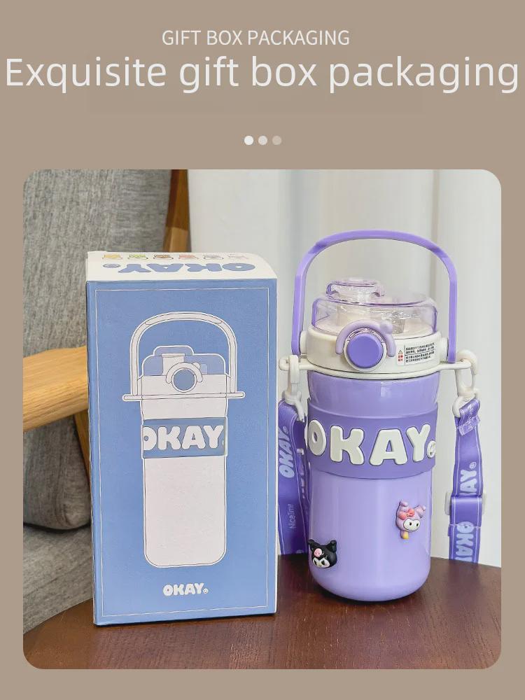 Girls' Stylish 316 Stainless Steel Thermos Cup with Straw & Crossbody Strap, Dual-Opening, 2023 Model