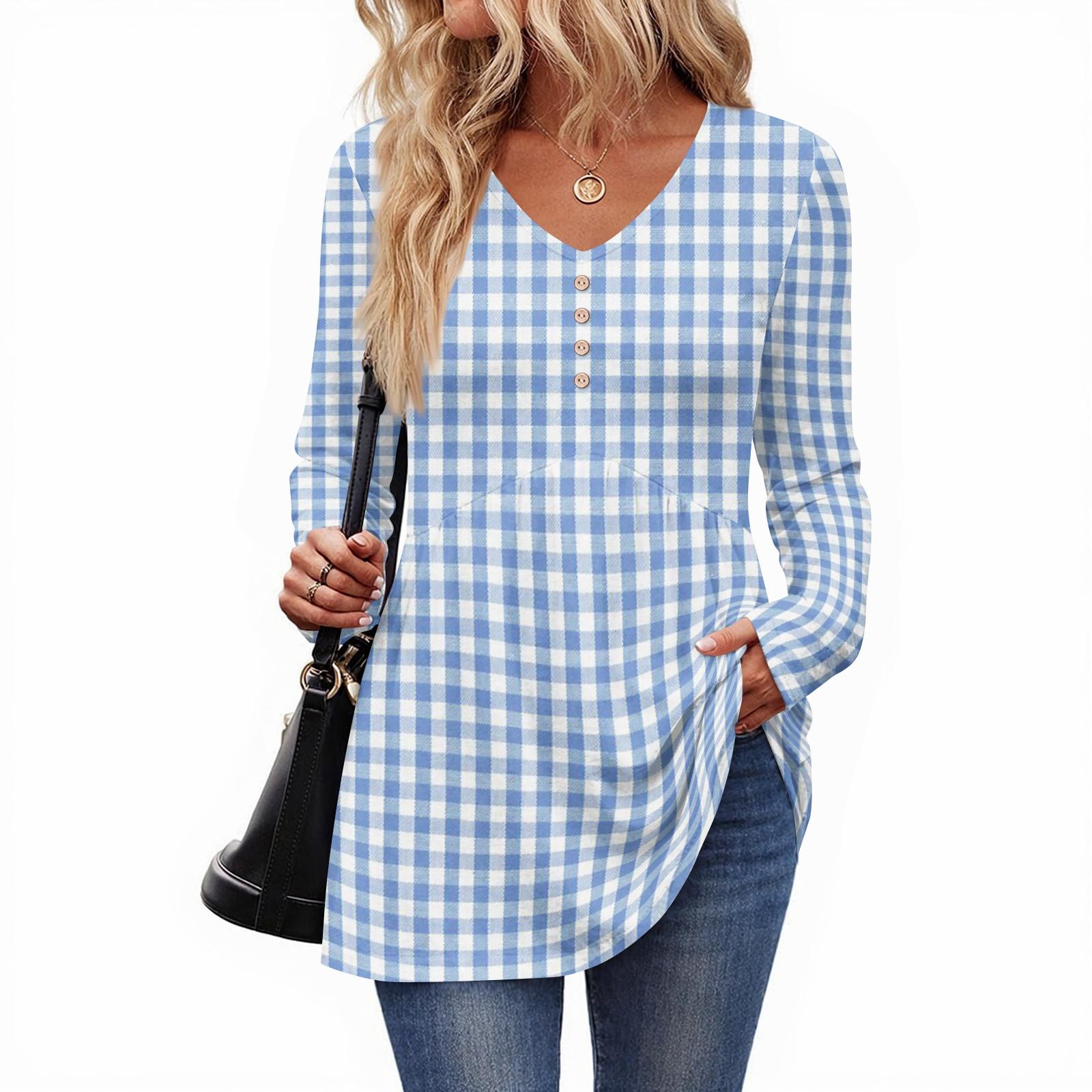 

Женский повседневный модный топ с V-образным вырезом, на пуговицах, в клетку, с длинным рукавом XXL