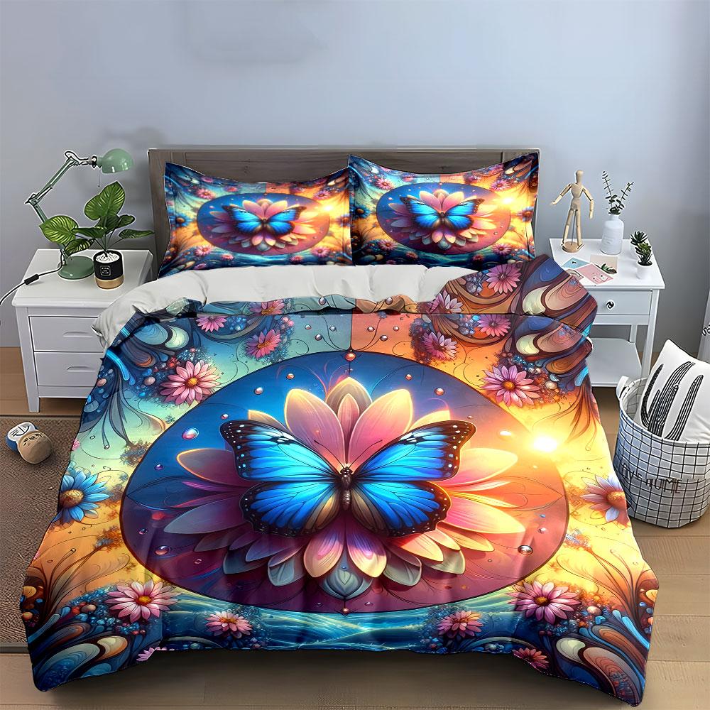 3Pcs Blue Butterfly and Lotus Bedding Set, Colorful Mandala Print Duvet Cover + 2 Pillowcases, Zen Nature Decor