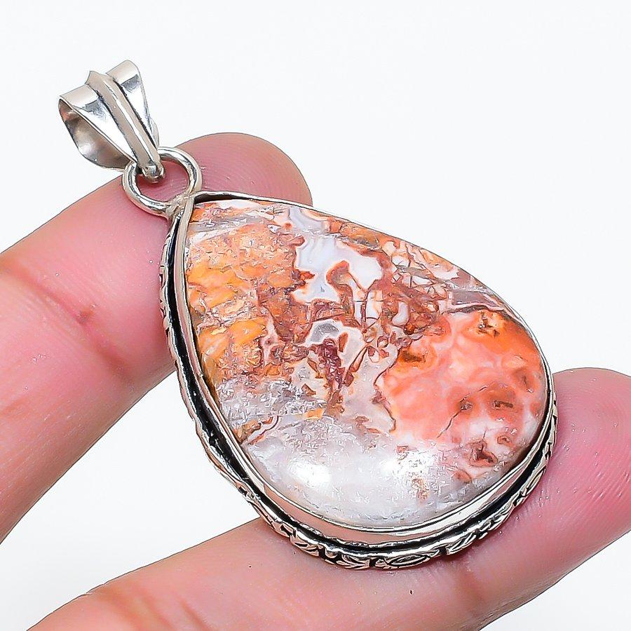Natural Laguna Lace Agate Gemstone 925 Sterling Silver Pendant 1.97" AP-15191