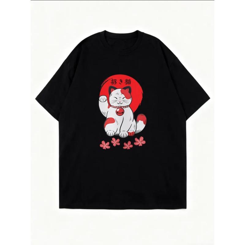 Oversize Women's Short-Sleeve T-Shirt with Red & White Maneki-neko Text and Cherry Blossom Decor Print