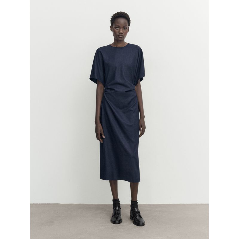 

MD Women clothes Old Money Style French style Elegant Pleated Tight Waist Slimming Mid-Length Short sleeve Dress 06677839401 Navy blue L