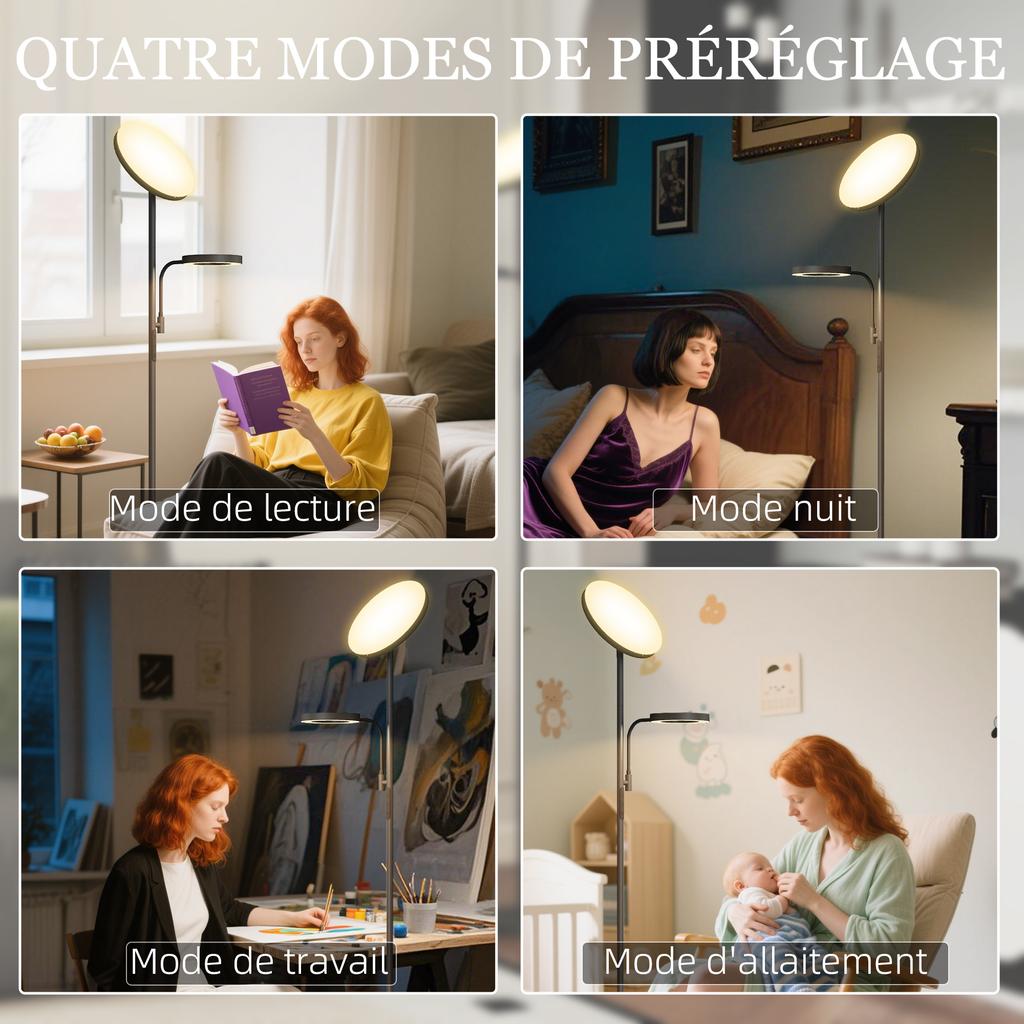 LED floor lamp 42W dimmable 2700K-6500K 4 colors continuous variation, 4 scene modes, remote control and touch control