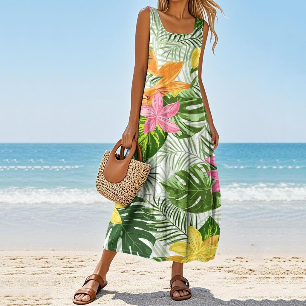 Damen Sommer Mode Rundhals Ärmellos Strandkleid Kleider mit Blumendruck