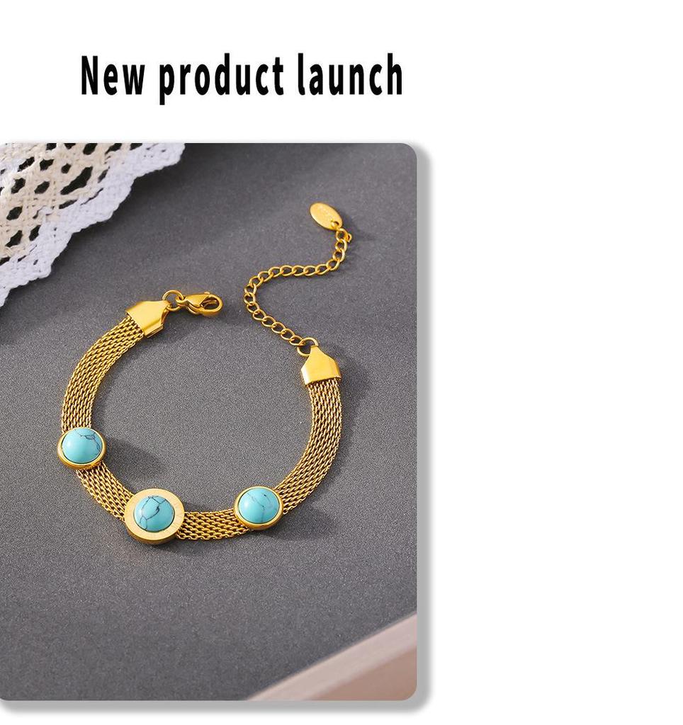 18K Gold Plated European-Style Turquoise Mesh Bracelet with Retro Design