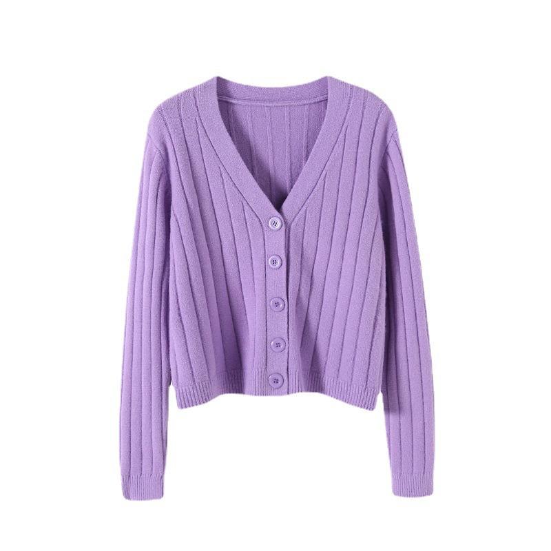 Women's Short Loose Long Sleeve V Neck Knit Sweater Thin Cardigan Outerwear Top for Spring Autumn