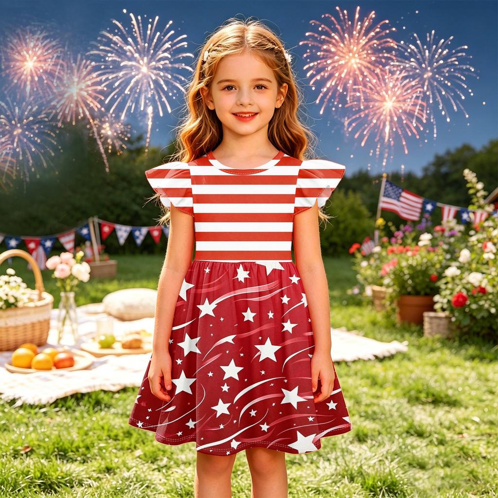 Mädchen Kleid mit Puffärmeln Unabhängigkeitstag Feiertagskleid Amerikanische Flagge gemustertes Skaterkleid Lässiges Sommeroutfit für Kinder