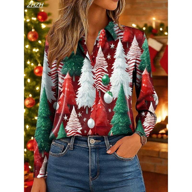 Women's Christmas Tree Print Blouse, Elegant Shirt Collar Design, Vintage Tropical Party Wear, Fall Spring Evening Fashion