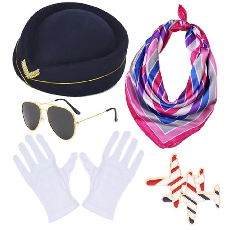 Adult Stewardess Hat+Sunglasses+Brooch Woman Sunproof Flight Attendant Hat Set
