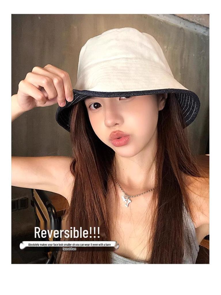 Women's Korean Reversible Denim Fisherman Hat - Spring/Autumn Fashion Versatile Slimming Bucket & Warm Beanie